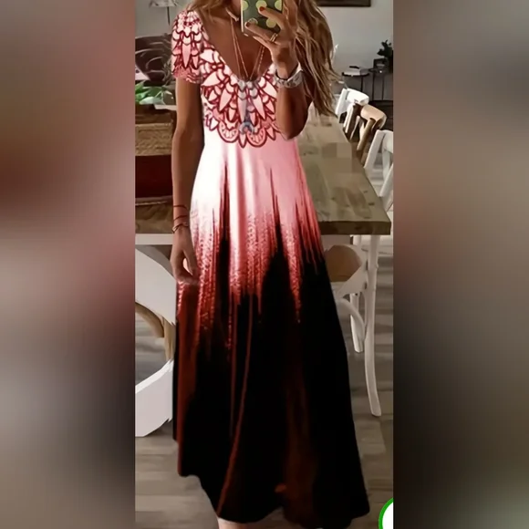 🌸 Boho Maxi Dress Festival Coverup Pink Red Tie Dye Ombre Beach L XL - Picture 6 of 16